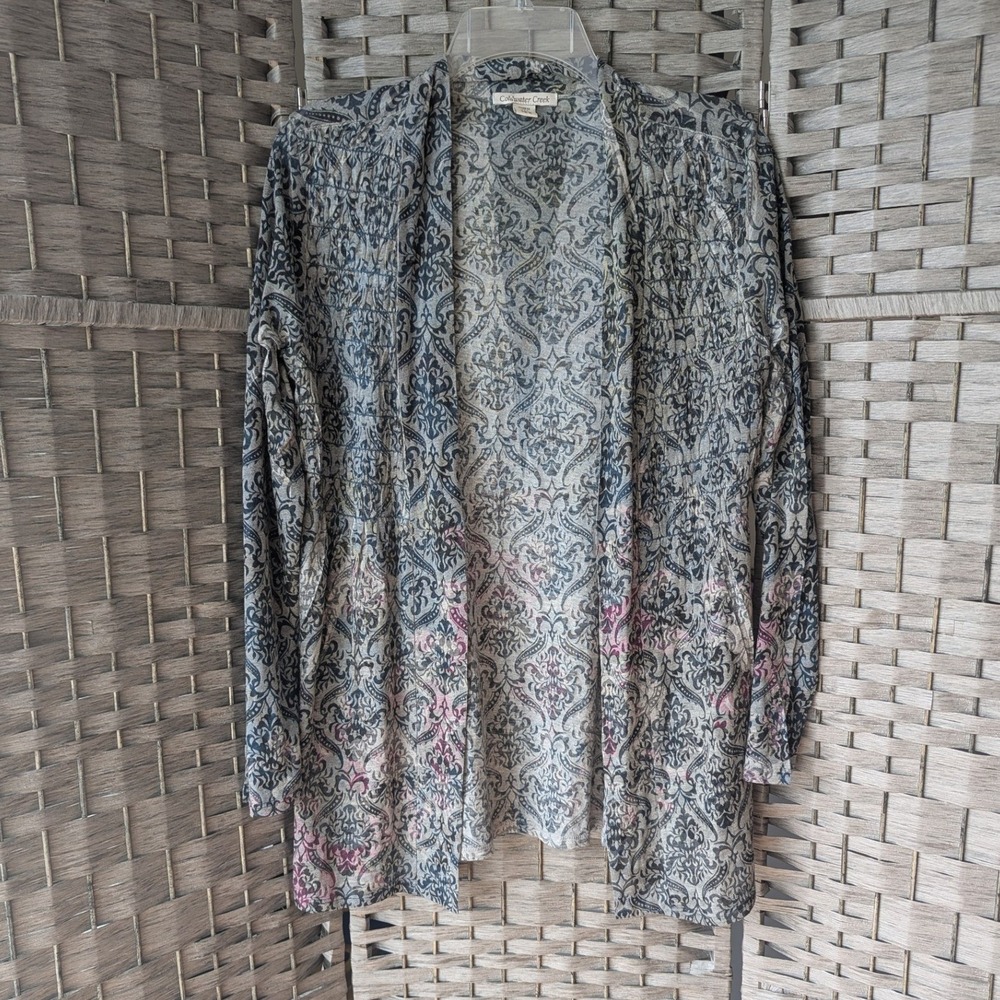 Vtg 90s Coldwater Creek Cardigan Grayโ Damask Smocked Open Front Burnout SM 6-8